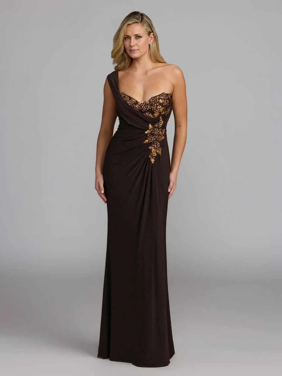 Espresso one-shoulder floor-length jersey gown with ruched drape and gold floral center