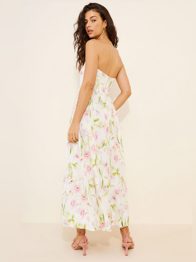 Strapless corset midi dress with white base and pink, green floral print, full length