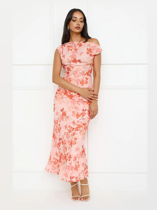 Orange floral off-shoulder maxi dress with cap sleeves, fitted bodice, A-line hem