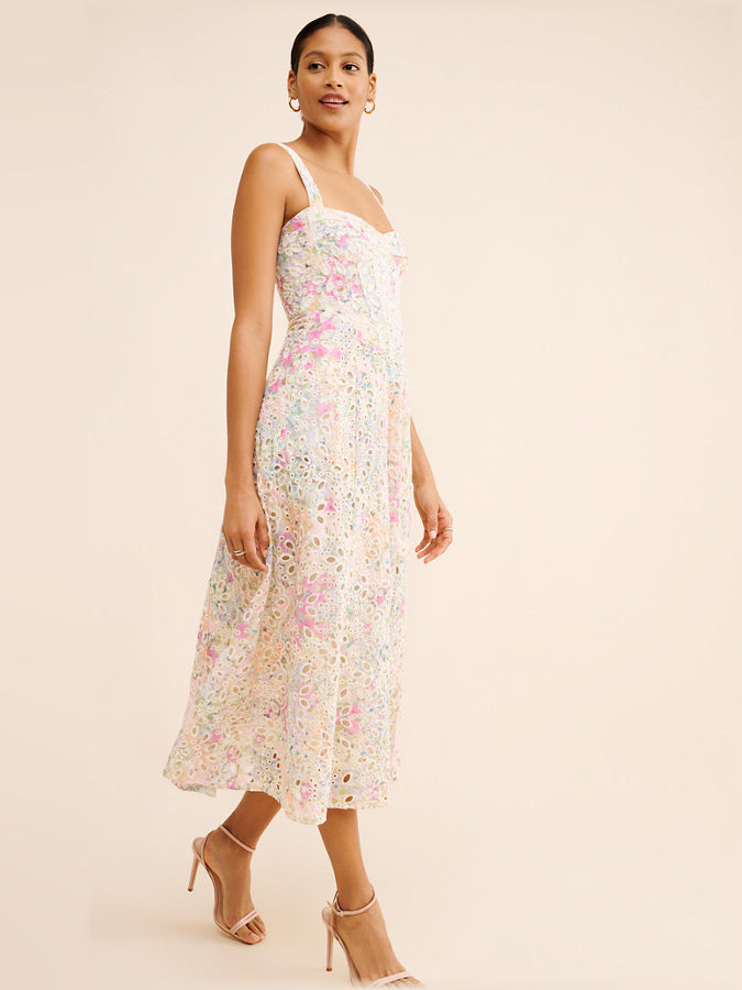 Eyelet corset midi dress with spaghetti straps and tiered skirt, pastel floral print