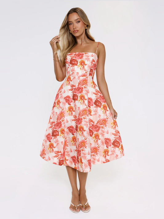 Floral midi formal dress front view with square neckline, spaghetti straps, fitted bodice