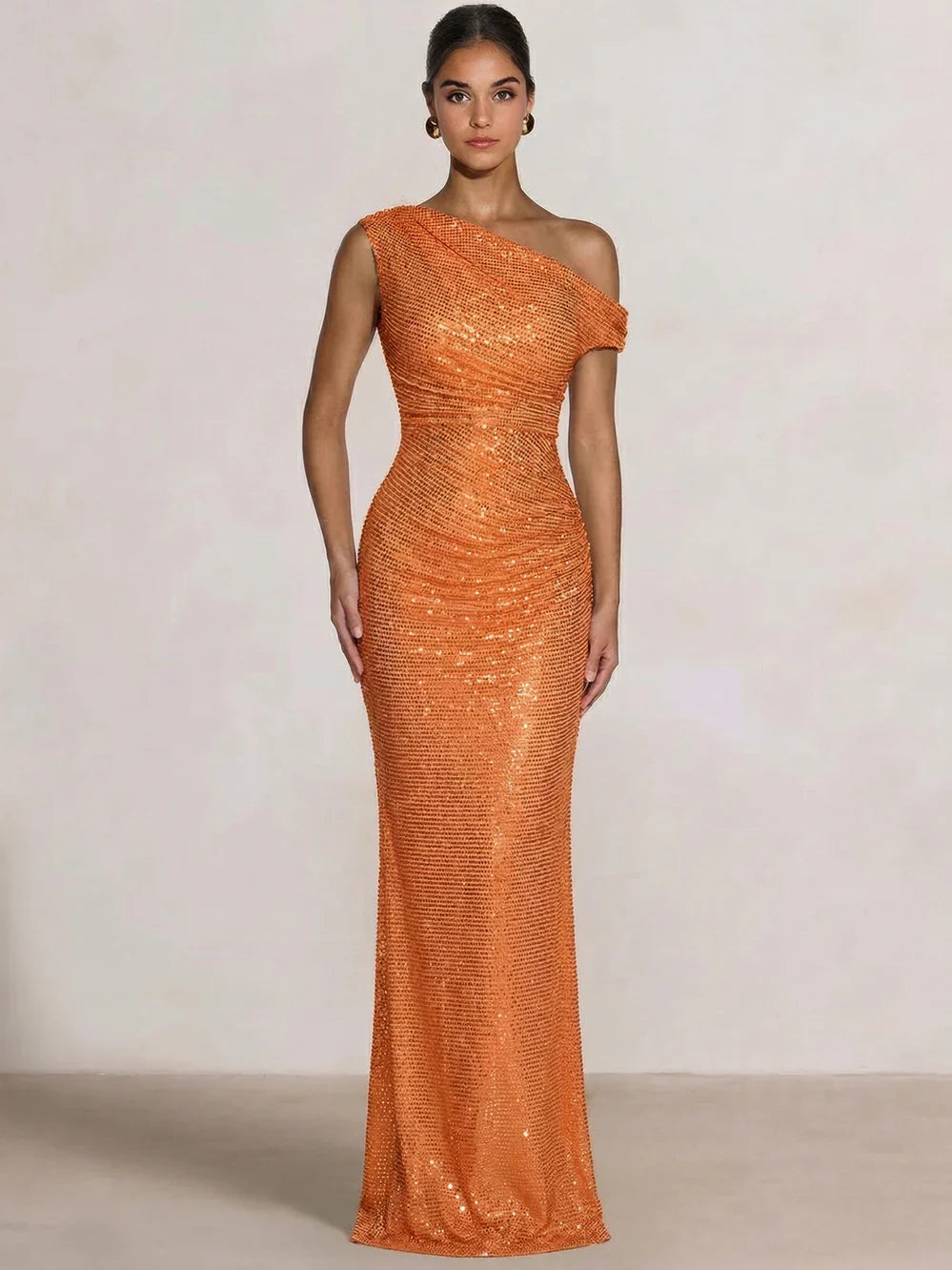 One-shoulder ruched mermaid formal dress, orange sequin floor-length gown