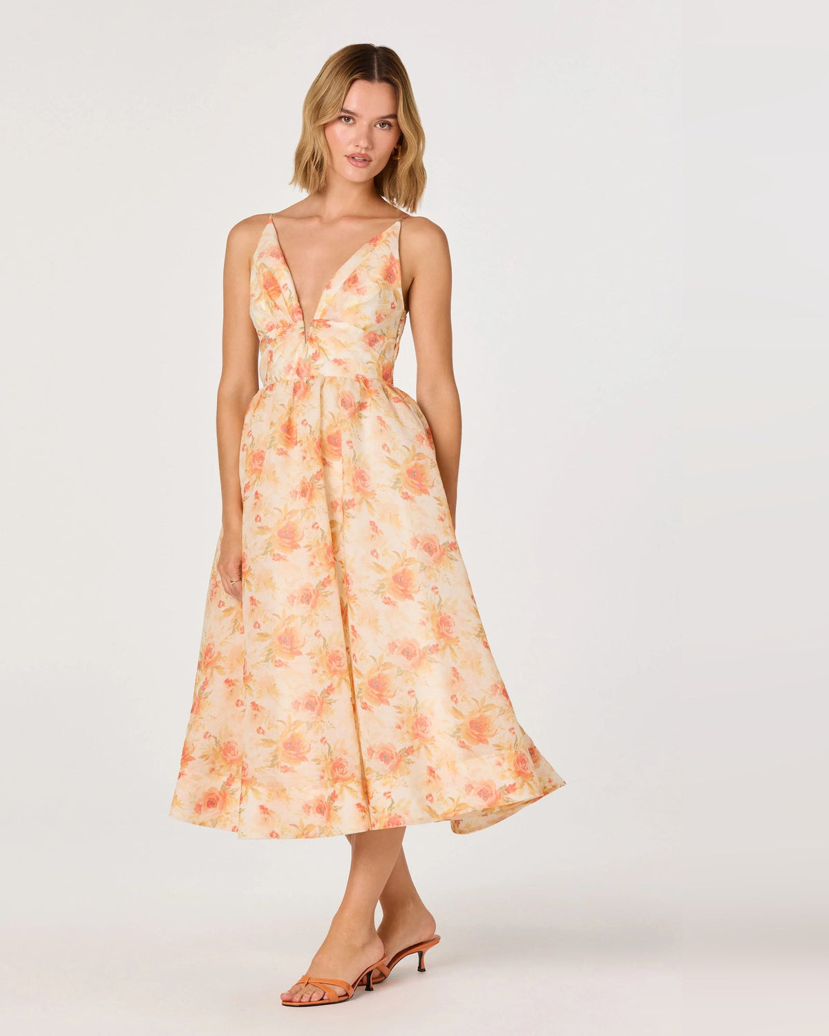 Peach-orange floral spaghetti-strap A-line midi dress with V-neck and full skirt