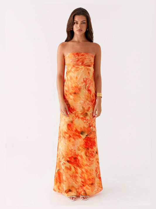 Orange floral print strapless maxi dress, front full-length view