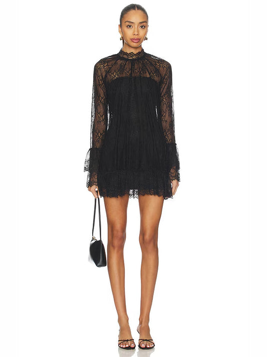 Mini homecoming dress, black lace overlay, long sleeves and high neck, fringe hem