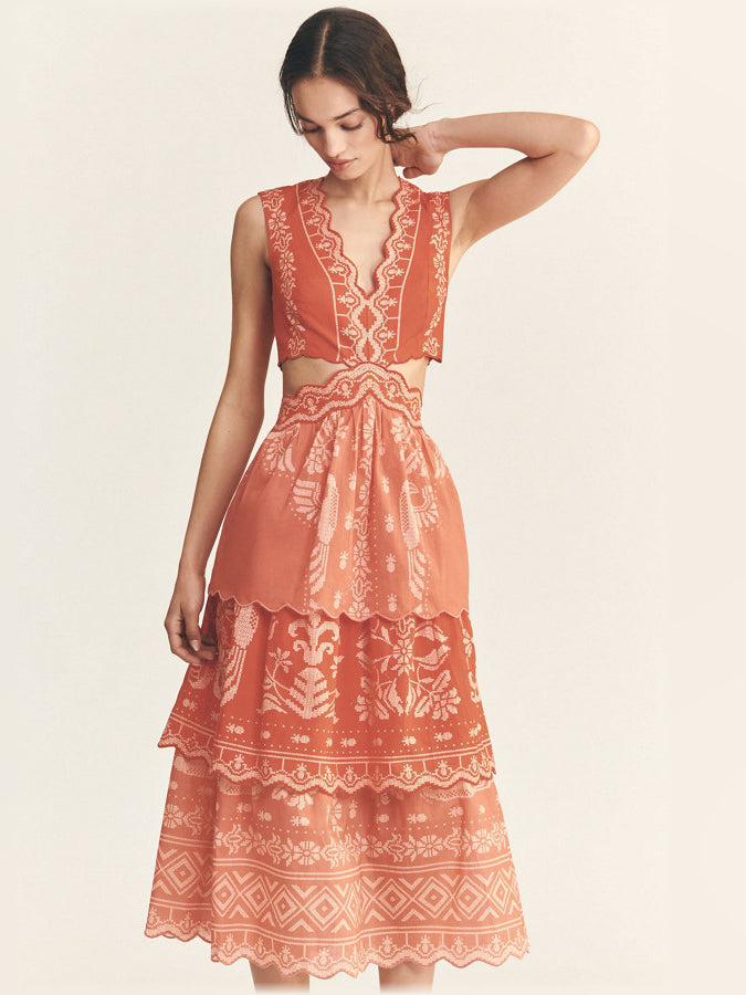 Orange eyelet ruffle midi formal dress with lace-like V yoke and tiered skirt