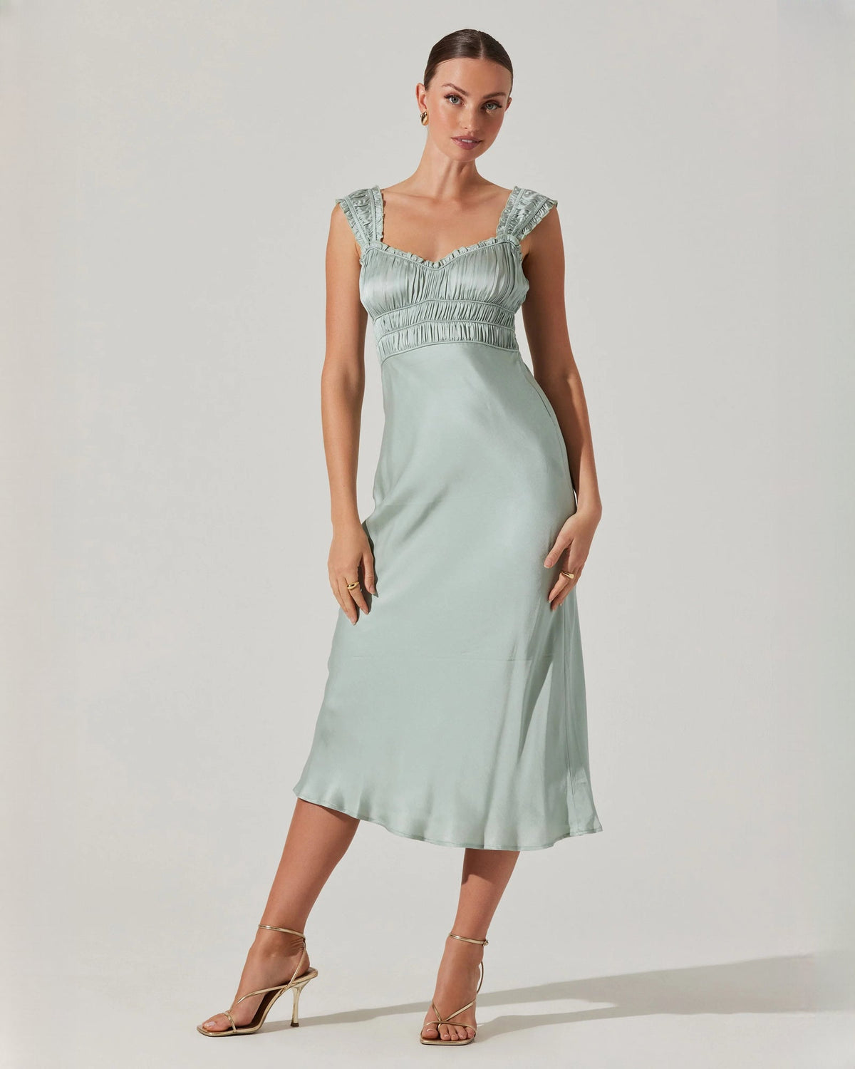 Mint satin A-line midi dress with ruched square neckline, sleeveless bodice