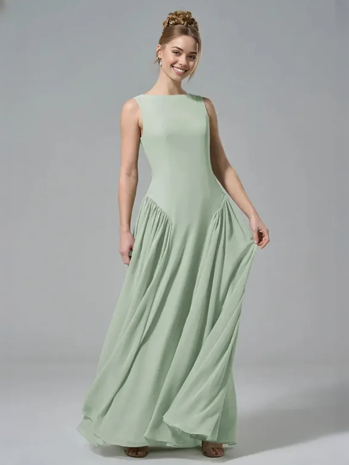 Mint green chiffon A-line dress with boat neck, gathered pleated skirt, sleeveless.