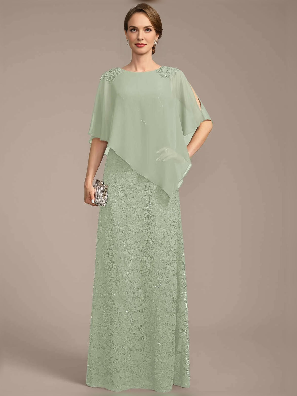 Light mint green sequin sheath dress with bateau neckline and chiffon drape overlay