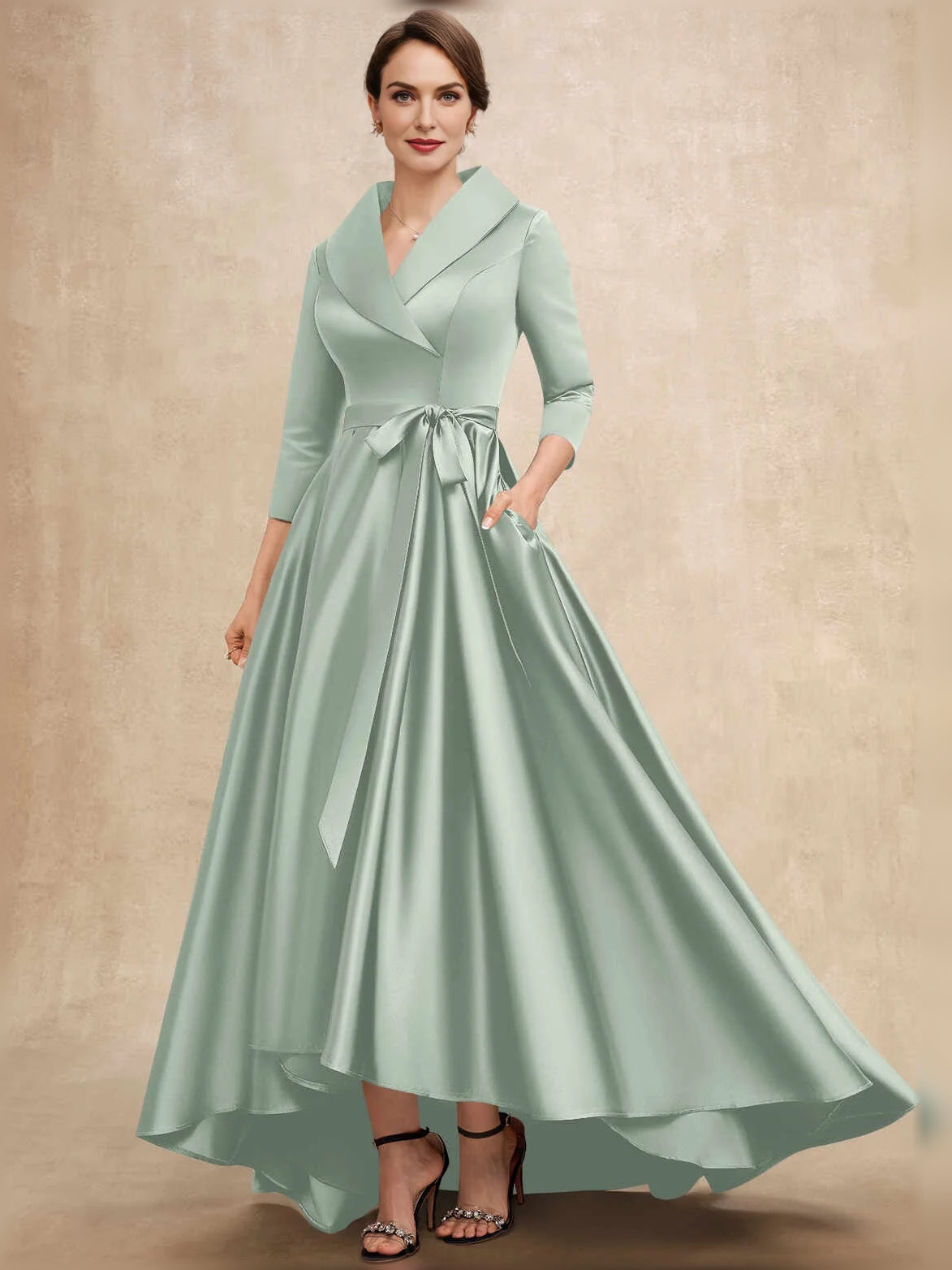 Mint green satin A-line mother-of-the-bride dress, V-neck wrap and bow tie waist, high-low hem
