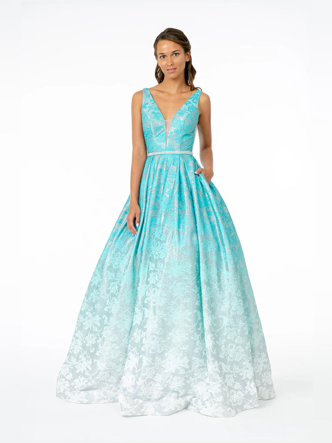 Mint green ombre jacquard A-line dress with plunging V-neck, waist tie, and pockets