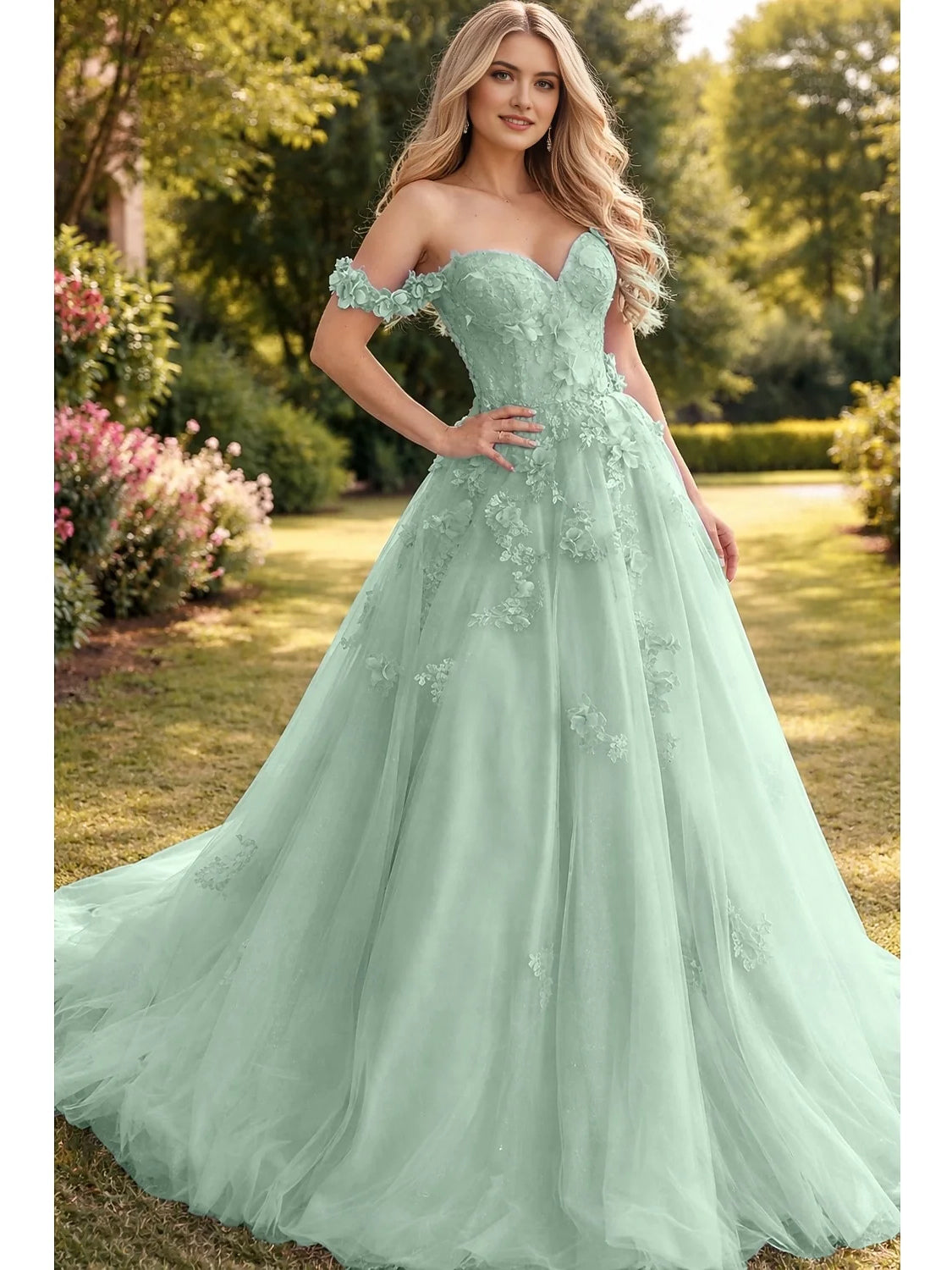 Mint green off-shoulder A-line tulle prom dress with sweetheart neckline and floral appliqué