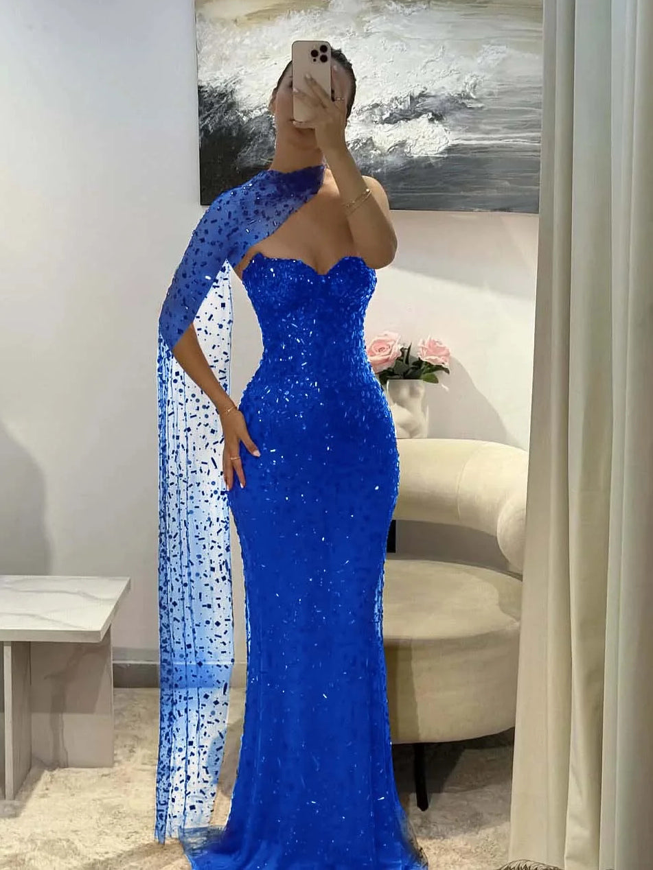Royal blue sequin sweetheart mermaid prom dress with cut-out back, floor-length