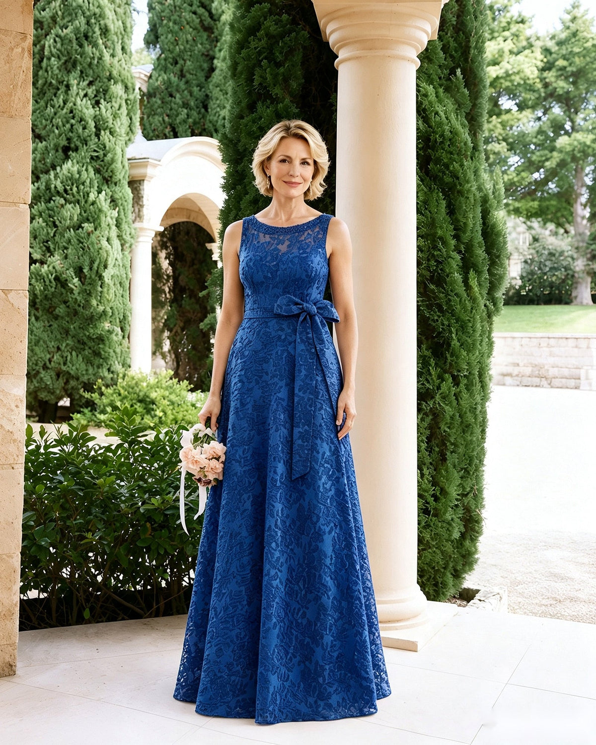 Sleeveless lace A-line mother-of-the-bride dress in dark blue with waist sash and bow