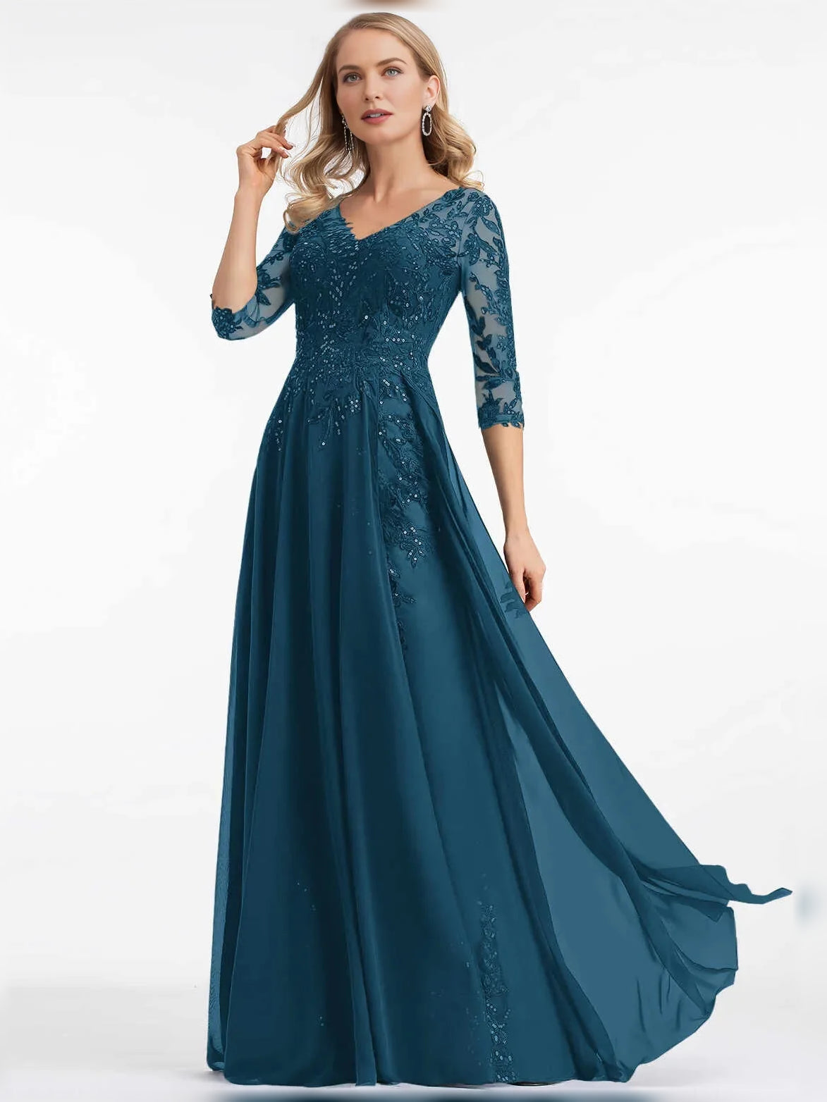 Embroidered sequin floral maxi dress, V-neck A-line, teal-blue, 3/4 lace sleeves