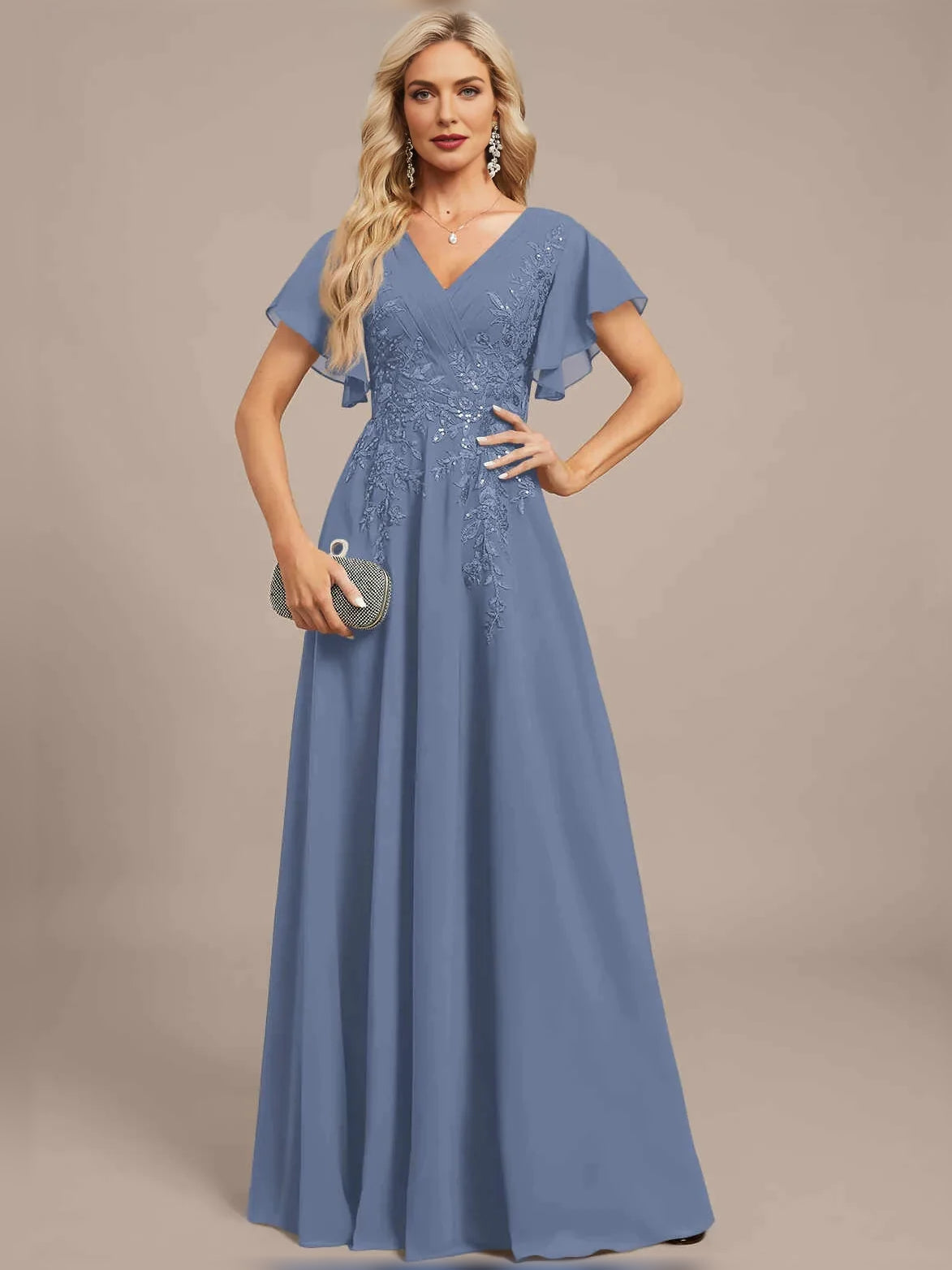 Steel blue V-neck A-line maxi dress with floral embroidery, pleated chiffon, flutter sleeves.