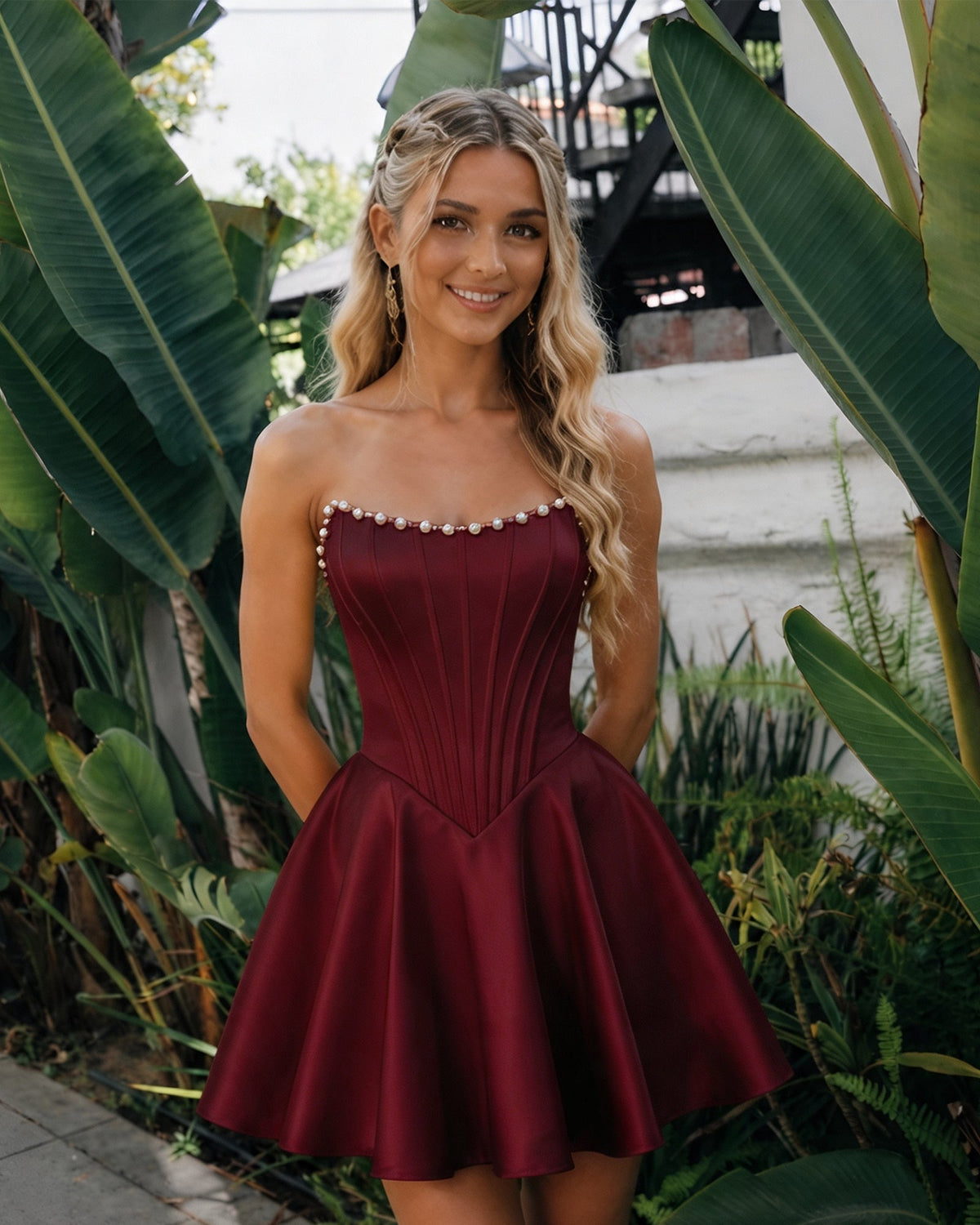 Strapless satin corset homecoming dress, burgundy with pearl-trim neckline and flared skirt