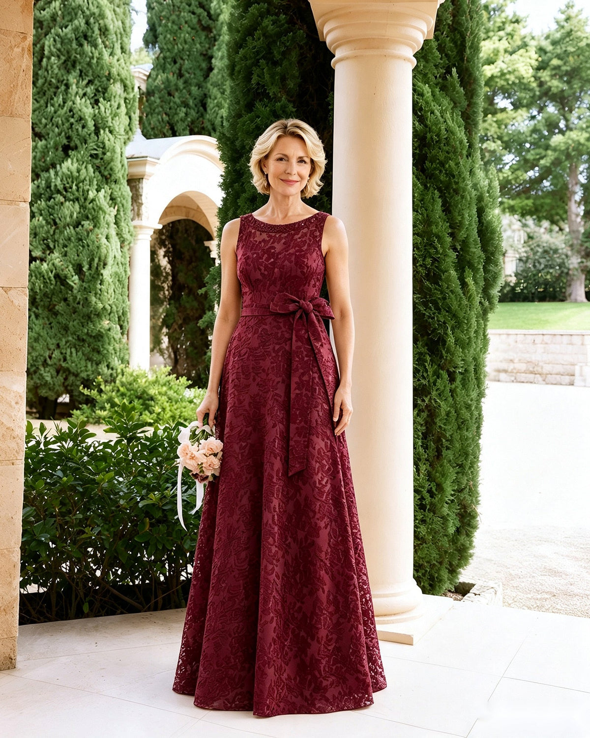 Burgundy sleeveless lace A-line dress with tied sash bow at waist