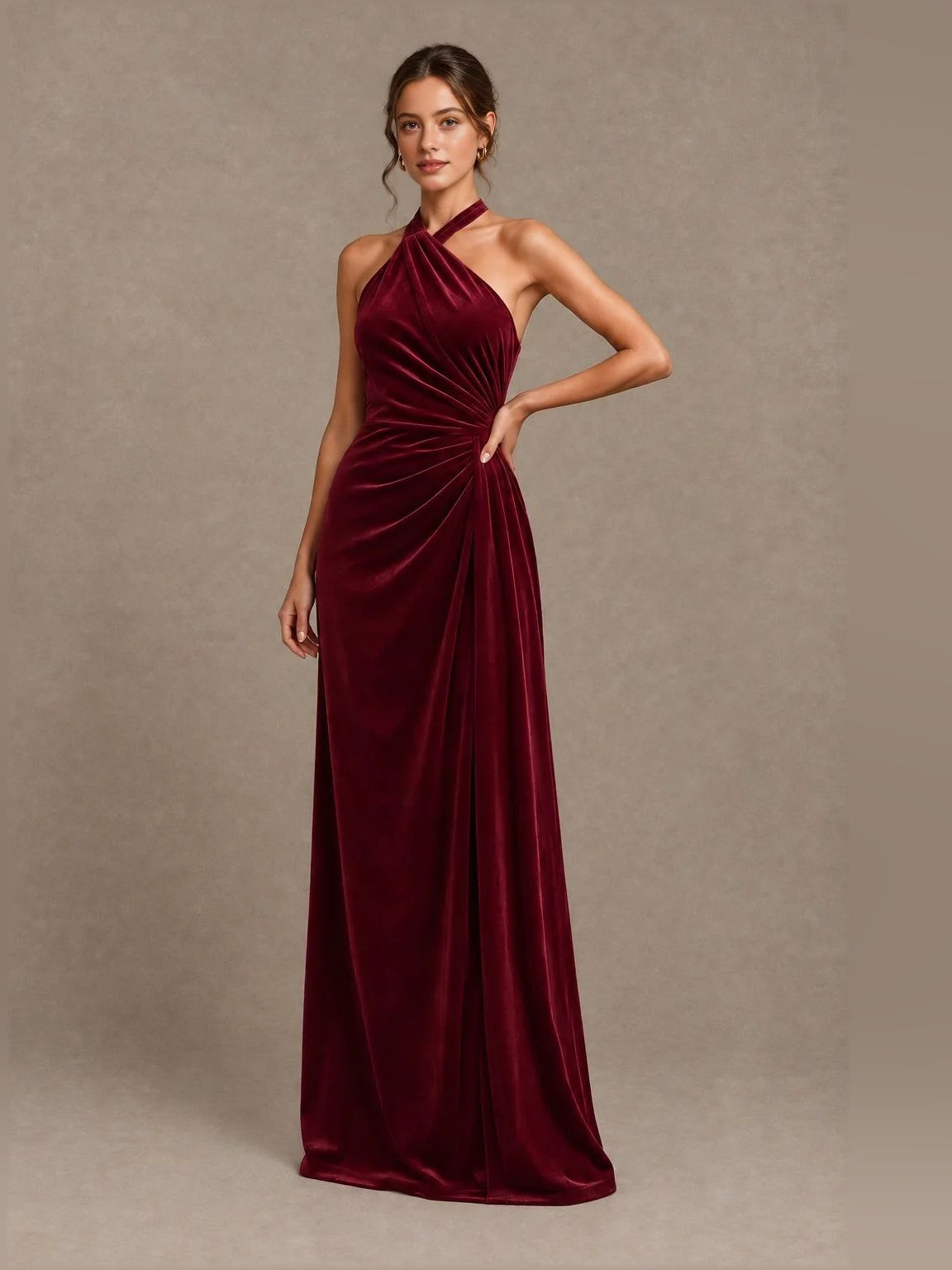 Velvet burgundy ruched draped V-neck sheath gown, sleeveless halter, floor length