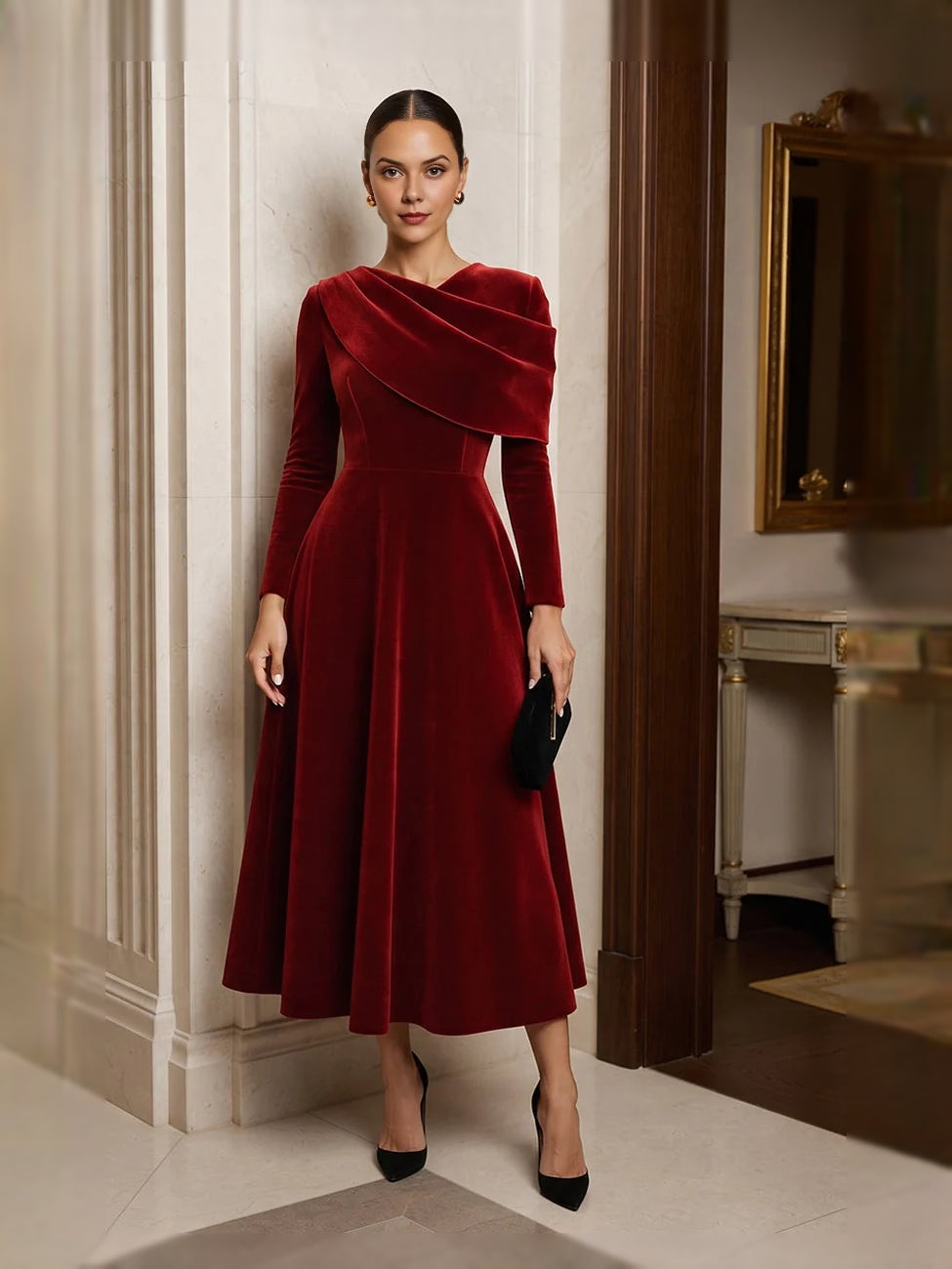 Burgundy velvet A-line midi dress with asymmetrical shoulder drape and long sleeves