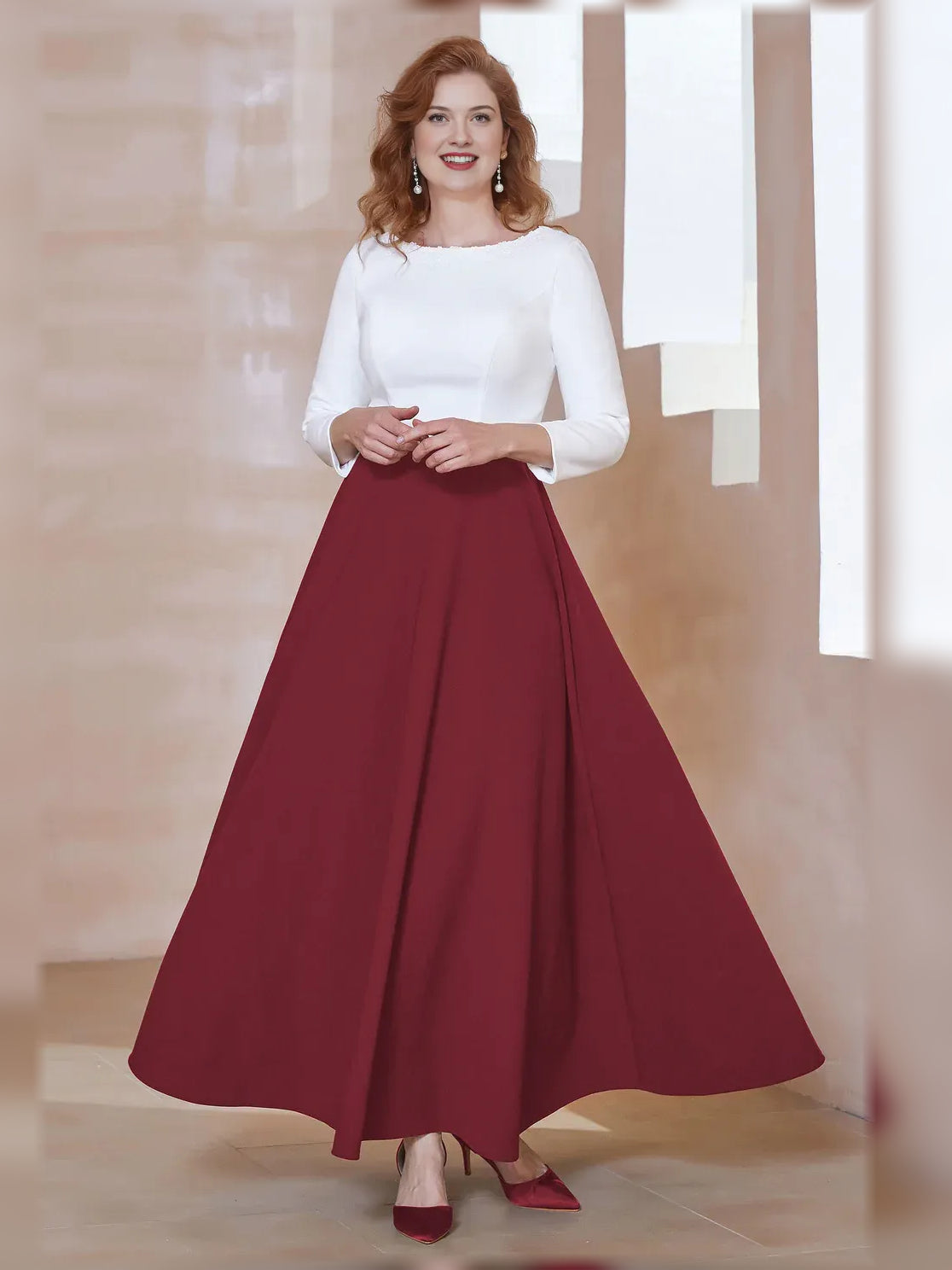 Burgundy A-line floor-length crepe dress with boat neckline and long sleeves