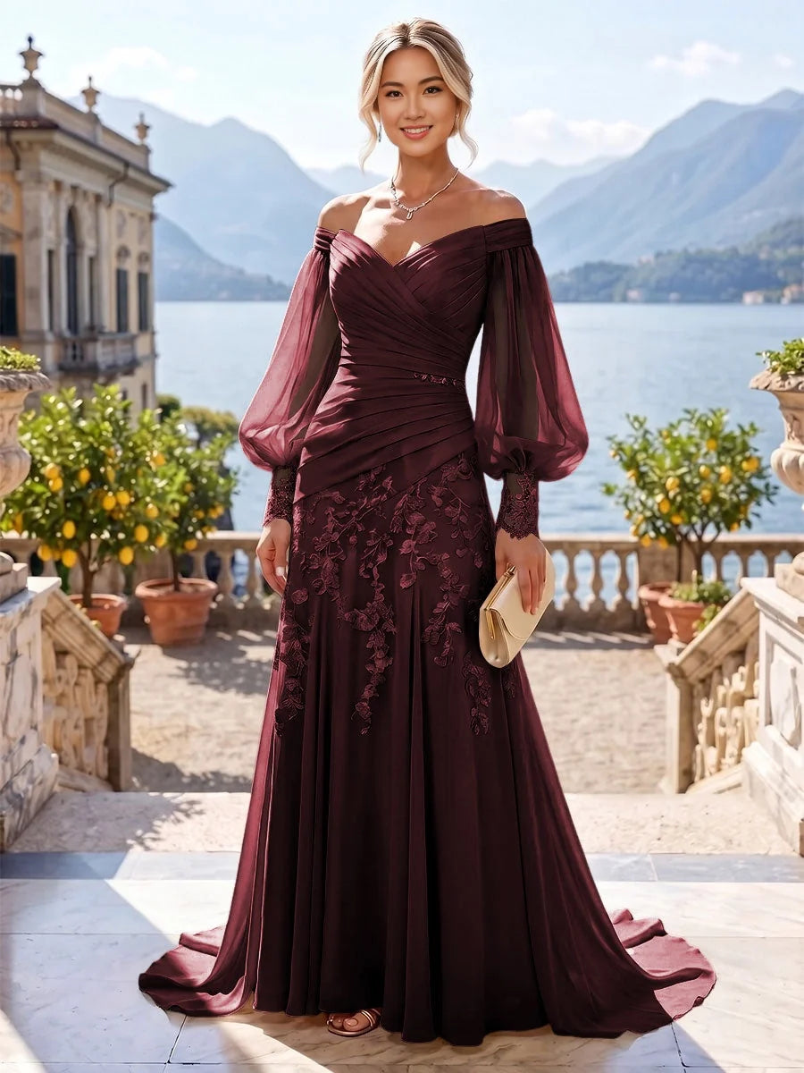 Burgundy ruched off-shoulder mermaid gown with floral lace and sheer sleeves