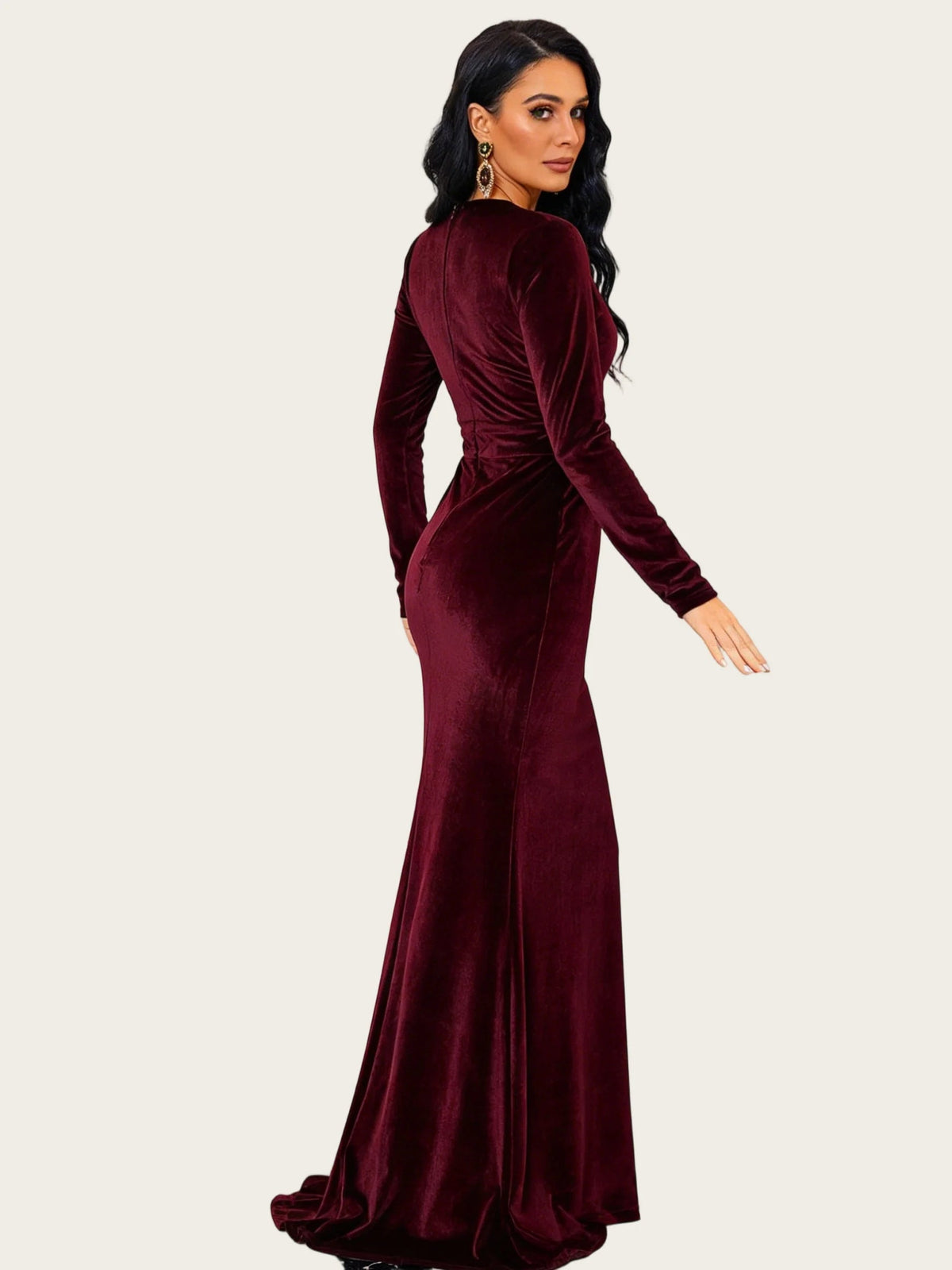 Burgundy long-sleeve mermaid maxi formal dress, V-neck front and flared hem