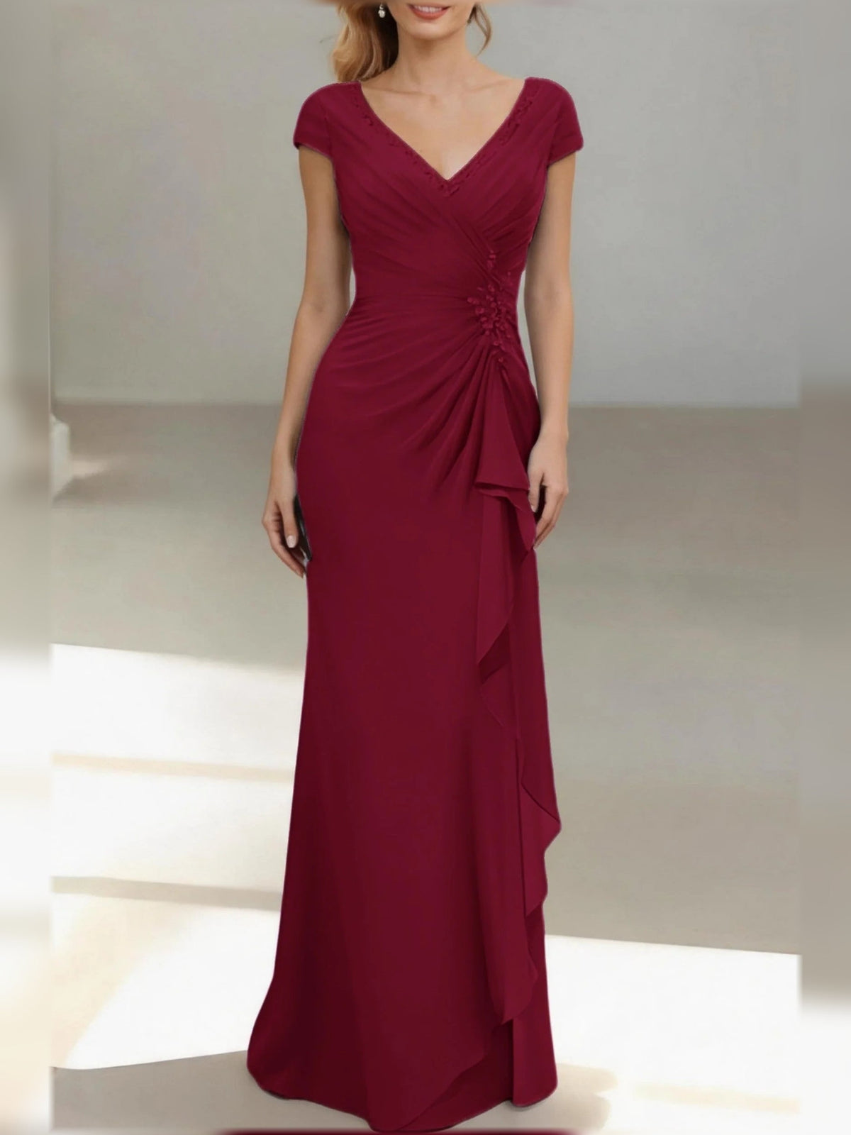 Burgundy ruched V-neck mermaid floor-length dress with cap sleeves and draped side ruffle