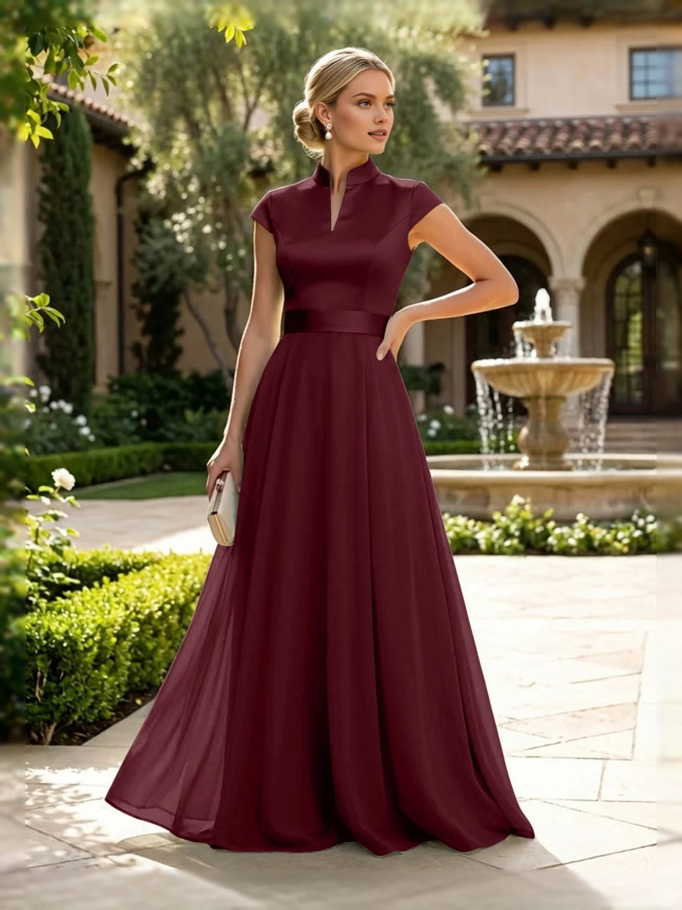 Burgundy satin A-line dress with sleeveless high neck and floor length