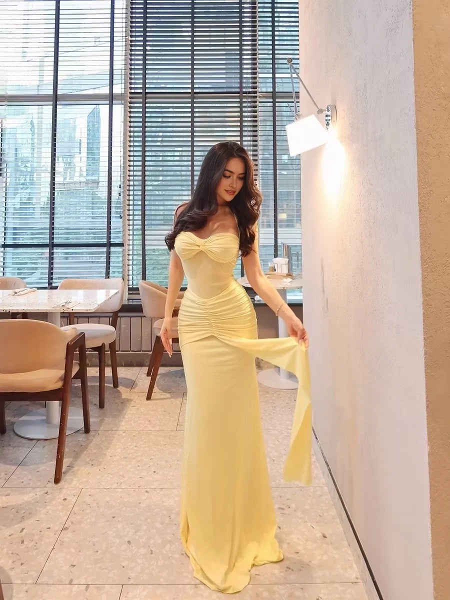 Light yellow ruched sweetheart sheath prom dress with draped bodice, floor-length