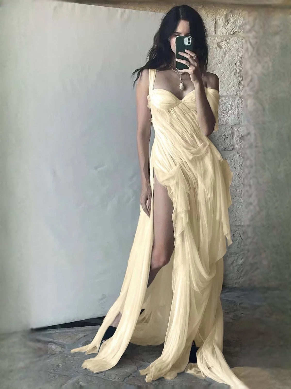 Ivory sweetheart draped maxi prom dress with layered ruffle skirt and high slit