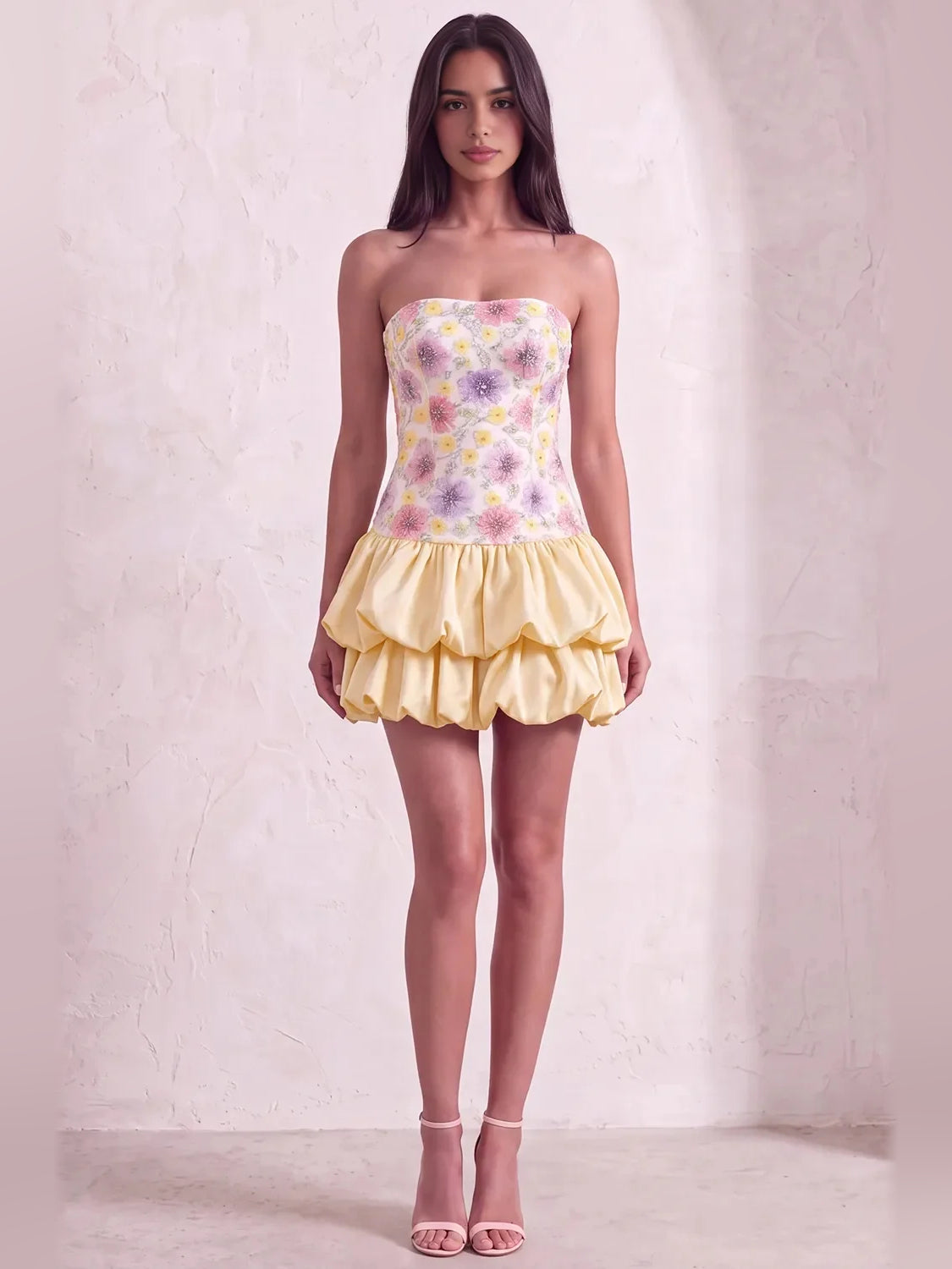 Floral strapless mini A-line homecoming dress with flower applique and layered ruffle hem