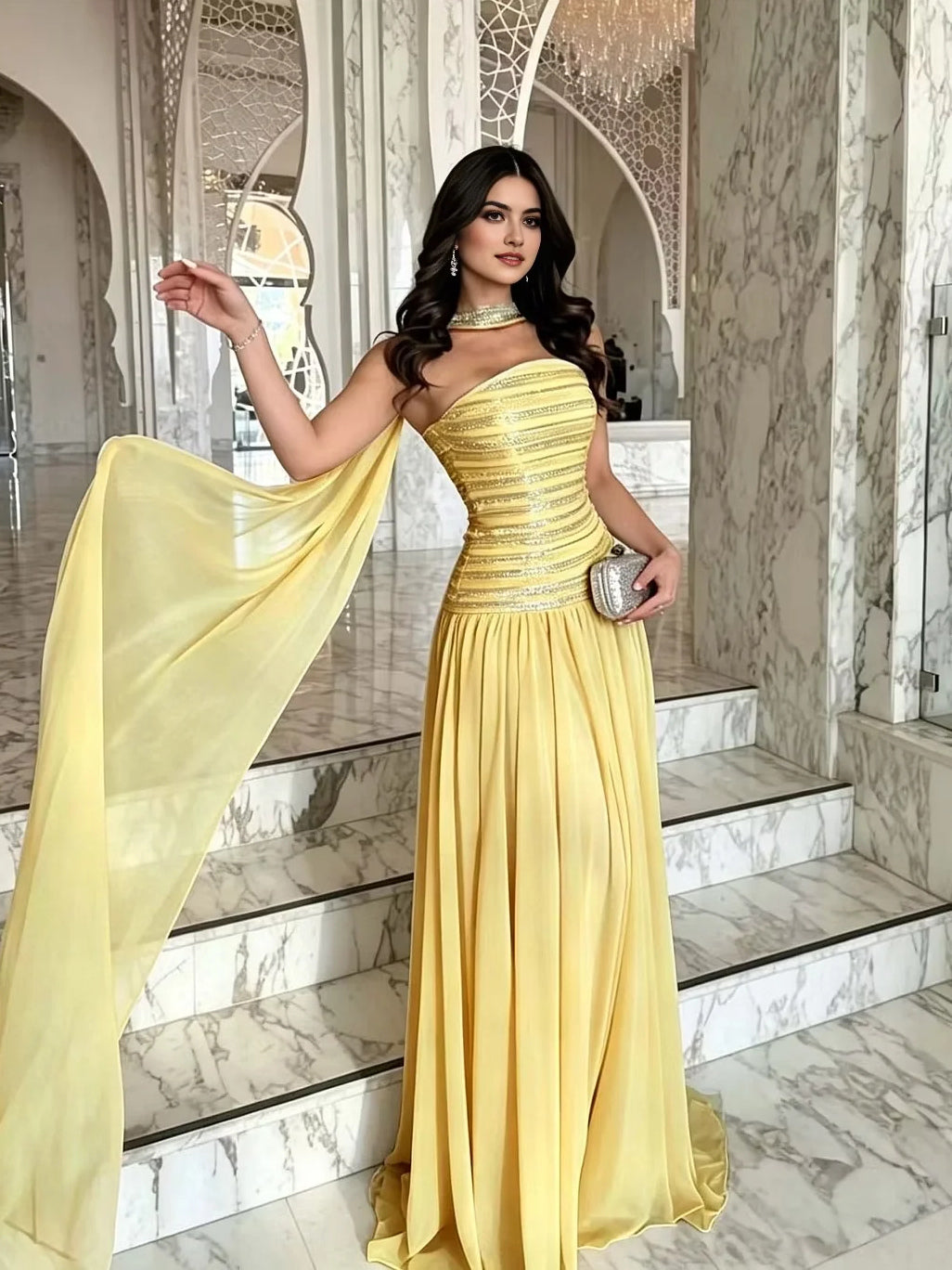 One-shoulder A-line prom dress in pale yellow with pleated bodice and chiffon side drape