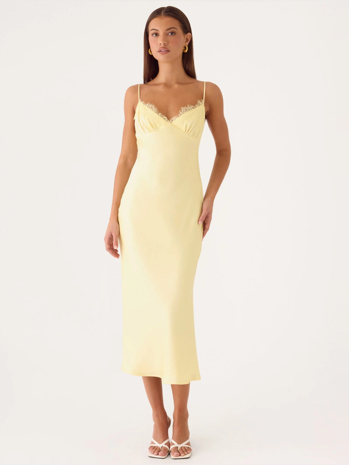 Yellow midi formal dress with lace sweetheart neckline and spaghetti straps front view