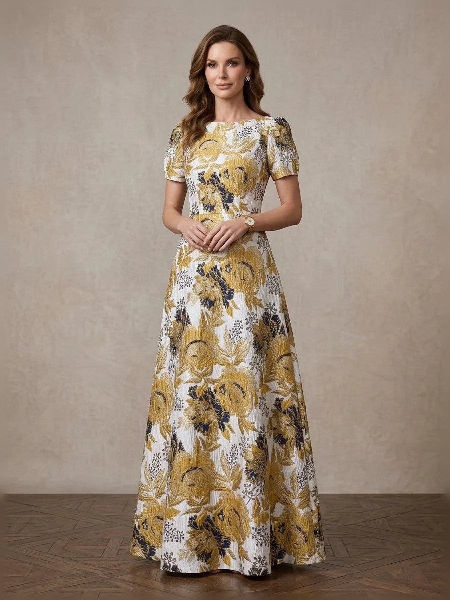 Floral boat-neck A-line maxi dress, white with gold floral print and short sleeves