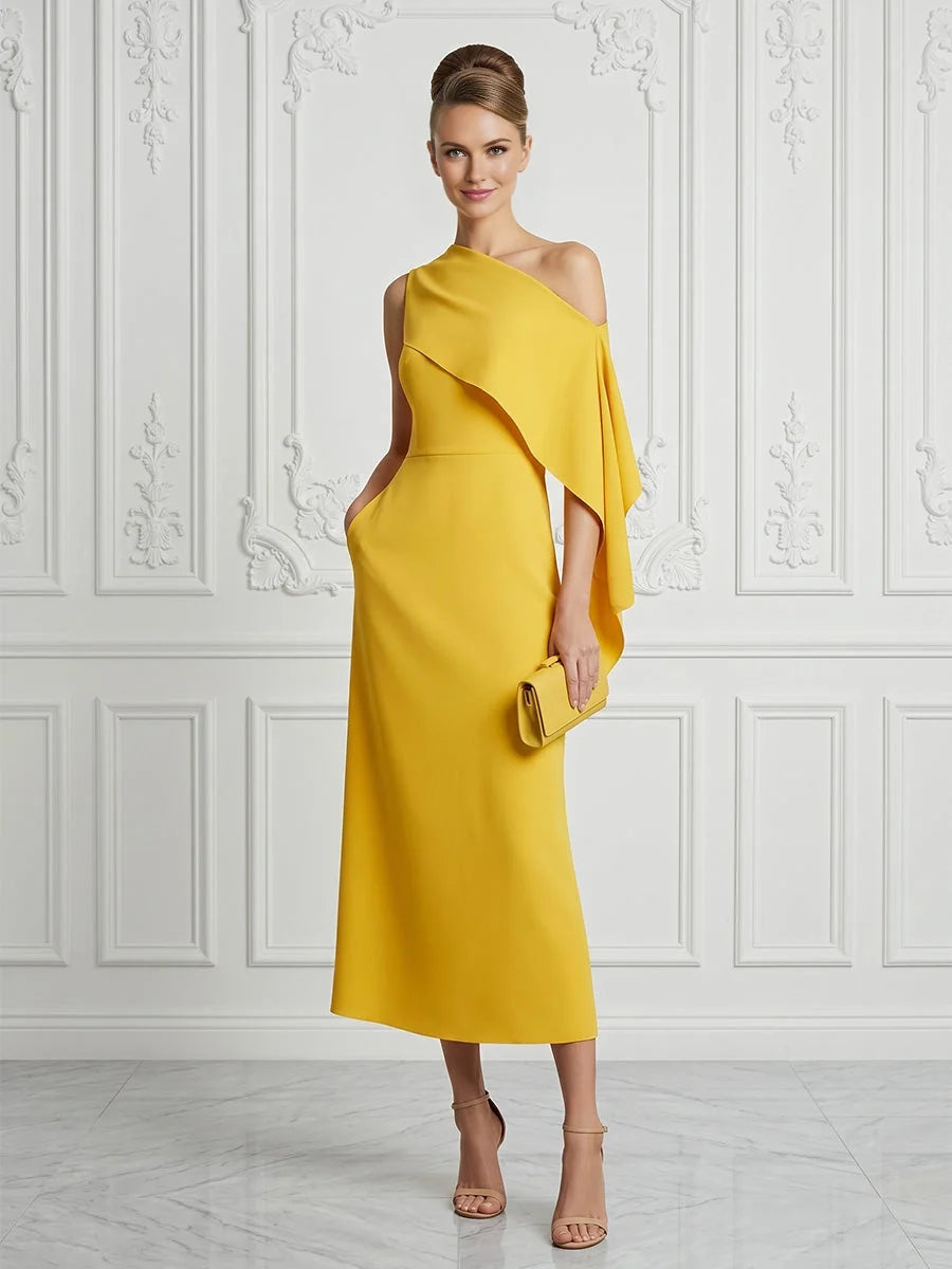 Yellow one-shoulder midi sheath dress with asymmetrical drape and side fold detail
