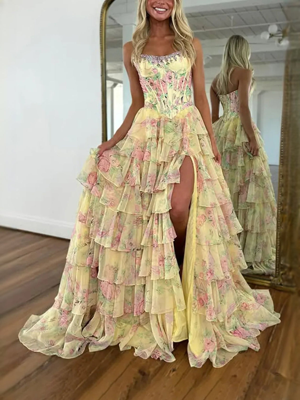 Yellow-green floral tiered ruffle strapless A-line tulle prom dress with slit