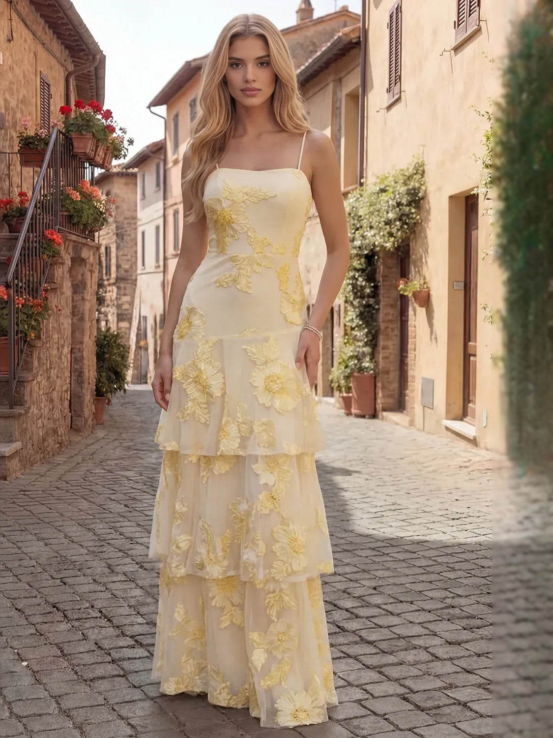 Tiered ruffled floral square-neck tulle prom dress in yellow, full-length front view