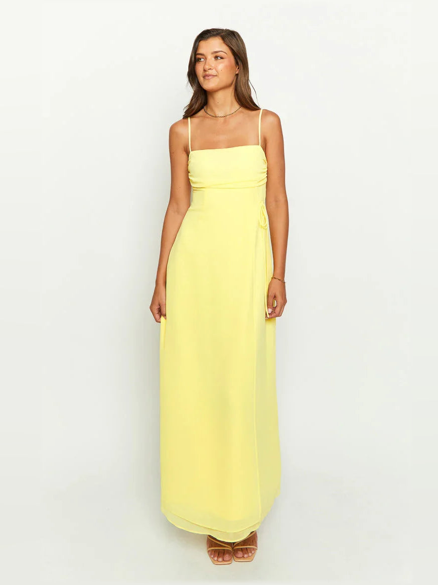 Yellow square-neck spaghetti strap A-line formal dress, floor length