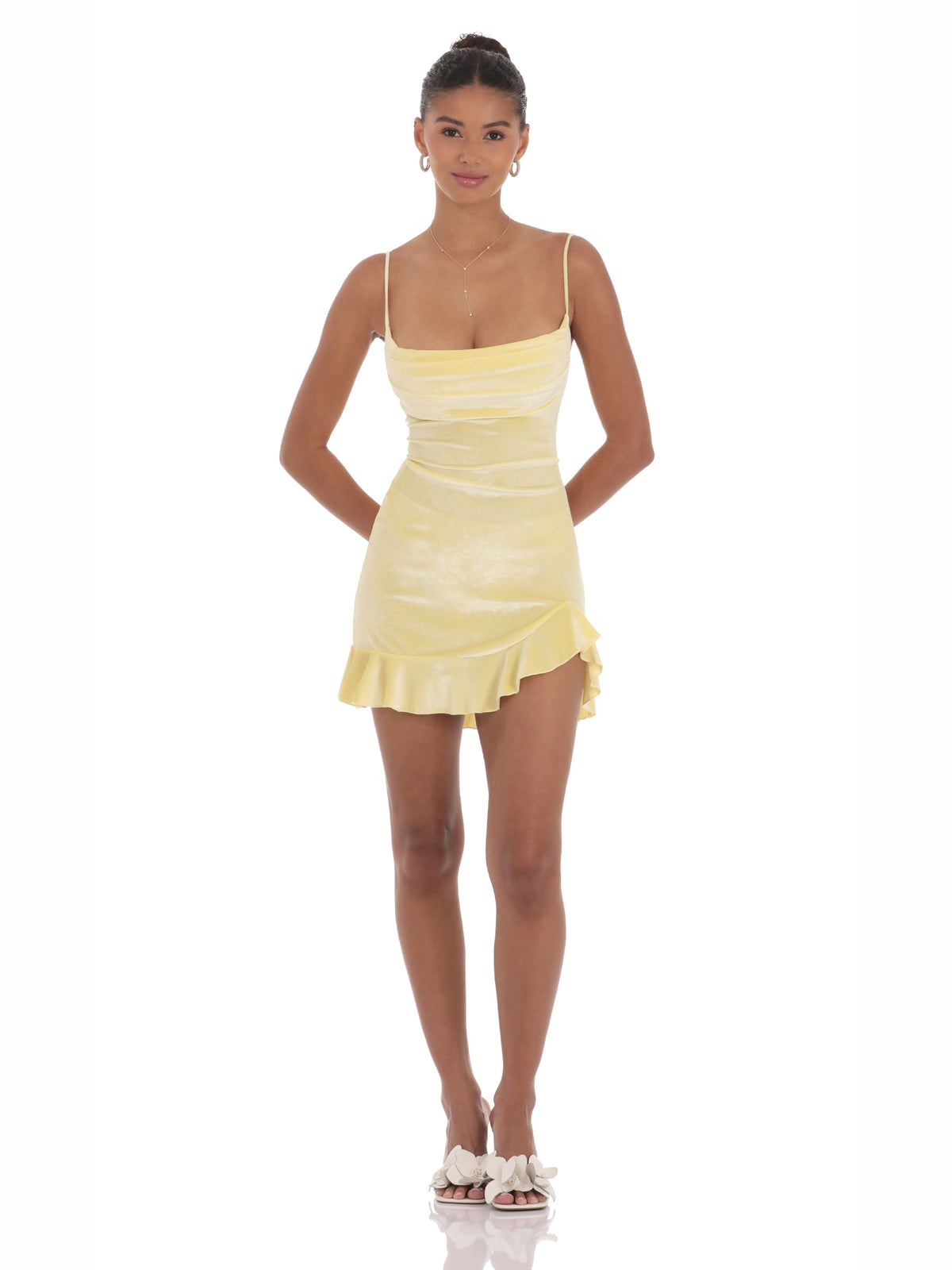 Front view yellow satin A-line mini dress with ruched waist and ruffled hem