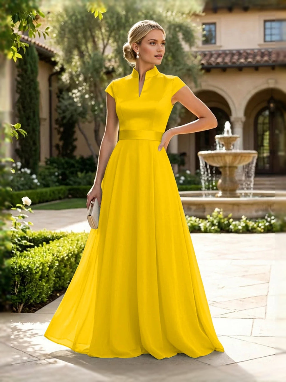Yellow satin A-line mother-of-the-bride dress, high neckline, sleeveless, floor length