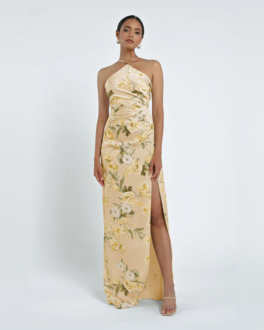Yellow floral maxi dress with ruched bodice and side slit