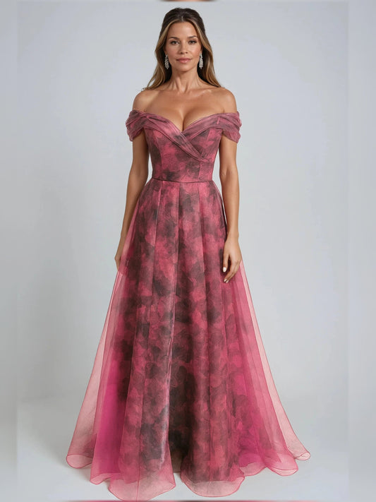 Off-shoulder midi formal dress in burgundy floral print with corset bodice and A-line skirt