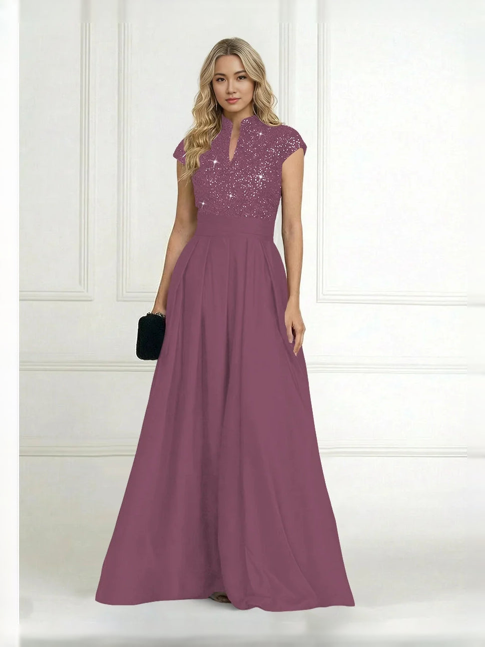 Mauve high-neck A-line sequin satin dress with pleated skirt and cap sleeves