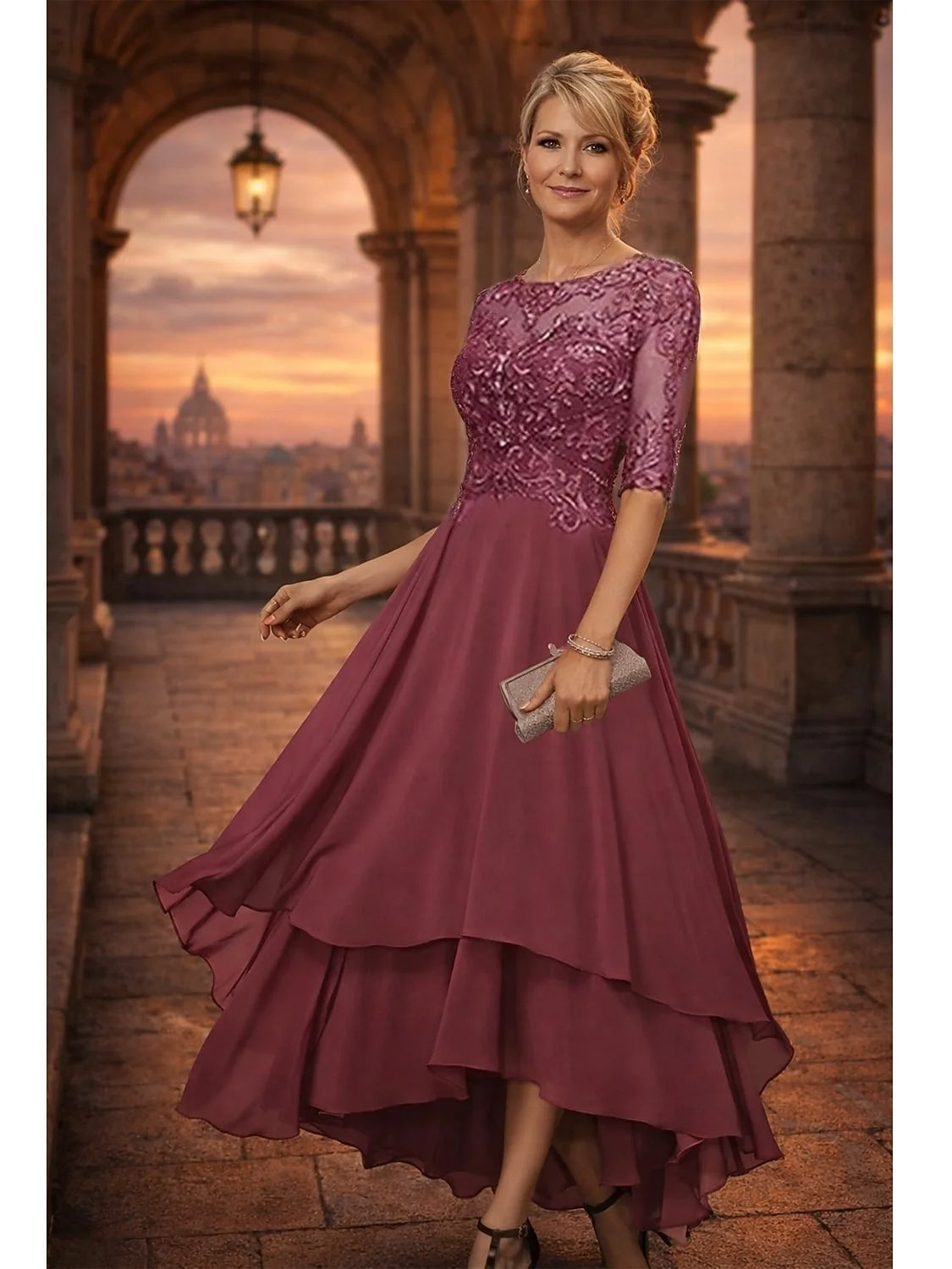 Floral embroidered chiffon A-line high-low dress, plum, 3/4 sleeve lace bodice