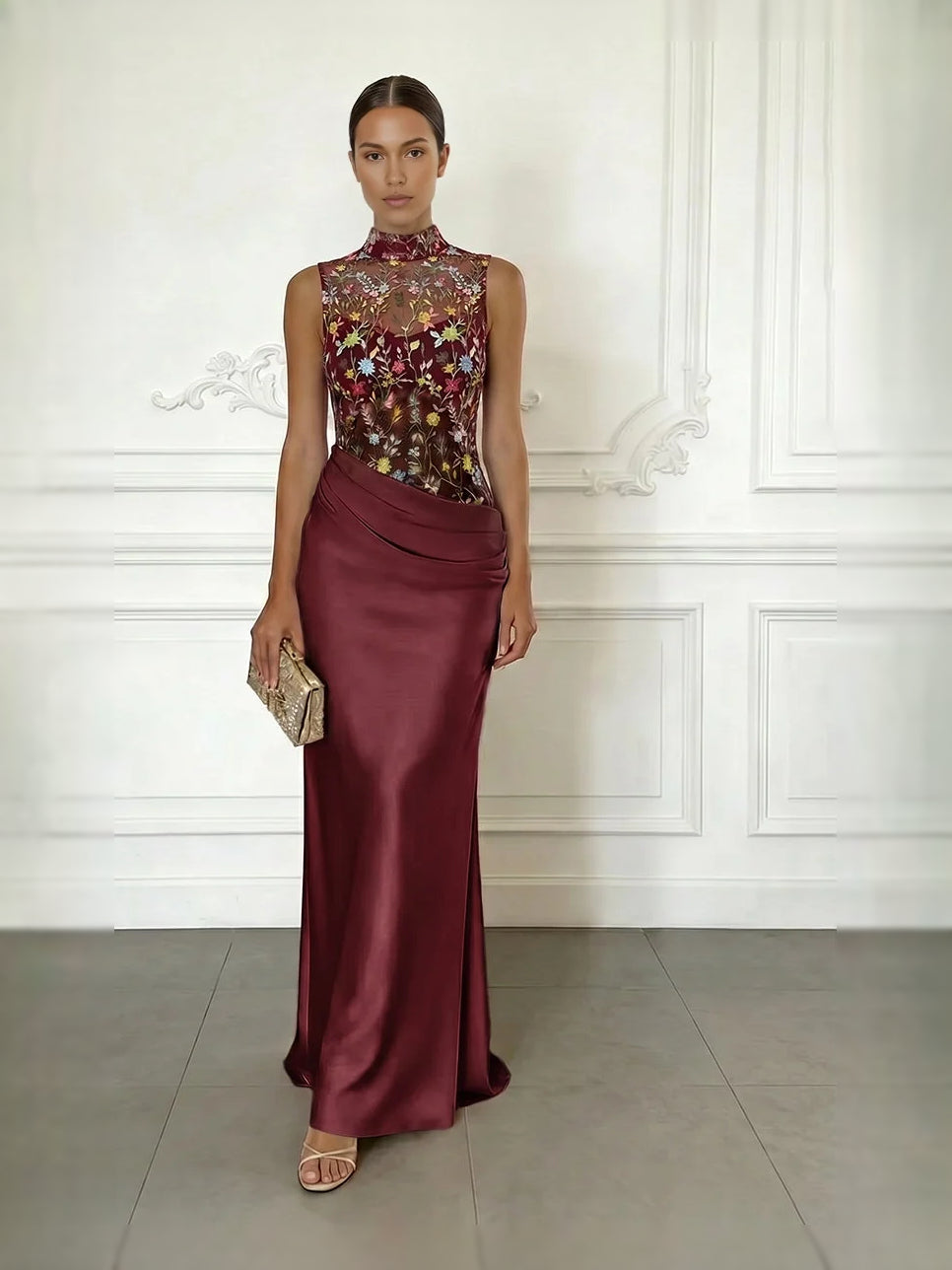 Mulberry satin mermaid mother-of-the-bride dress with high neck floral embroidery