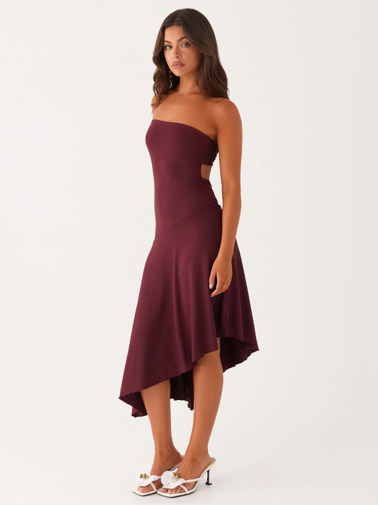 Mulberry midi formal dress, strapless sweetheart neckline and asymmetrical handkerchief hem