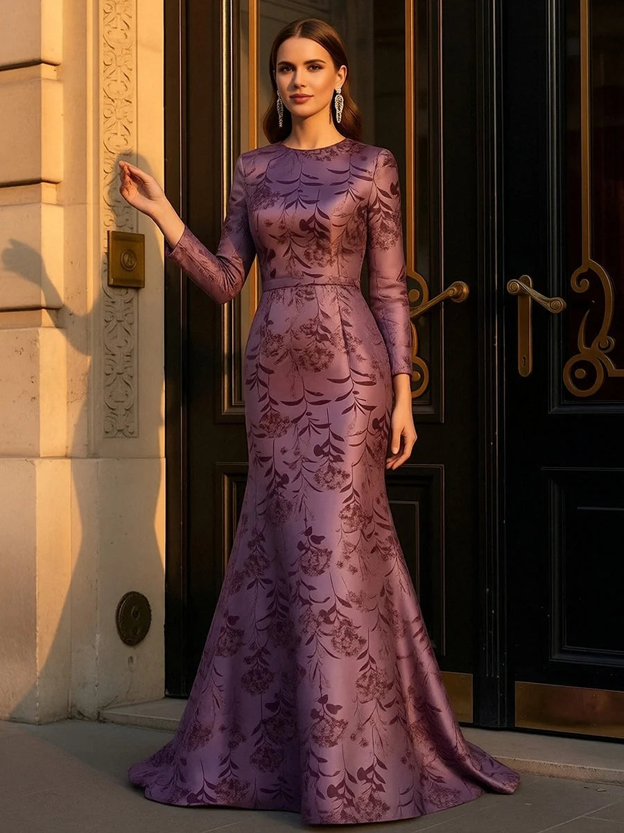 Mulberry floral satin mermaid gown with long sleeves and flared floor hem