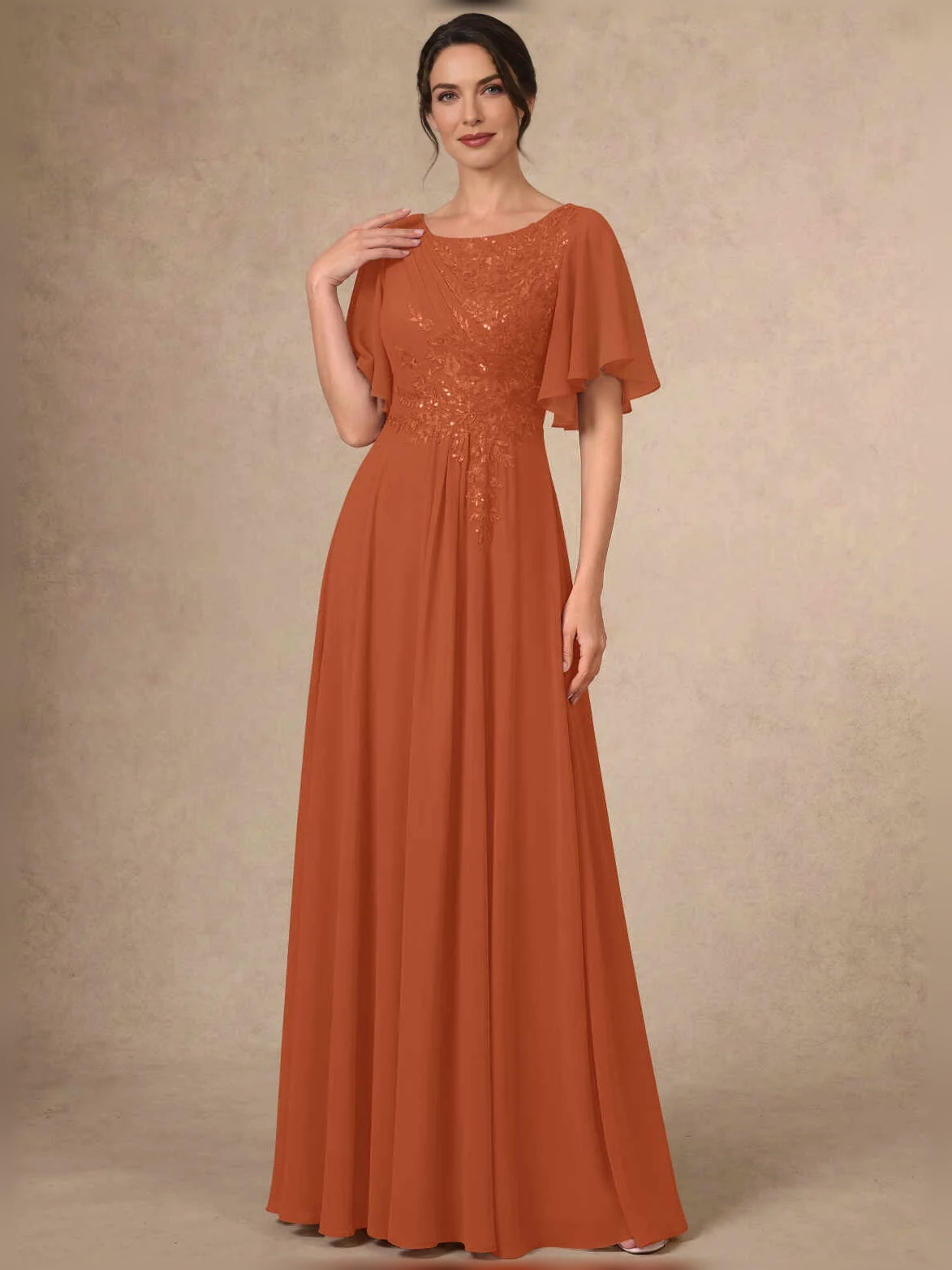 Burnt orange sequin bateau-neck A-line maxi chiffon dress with flutter sleeves