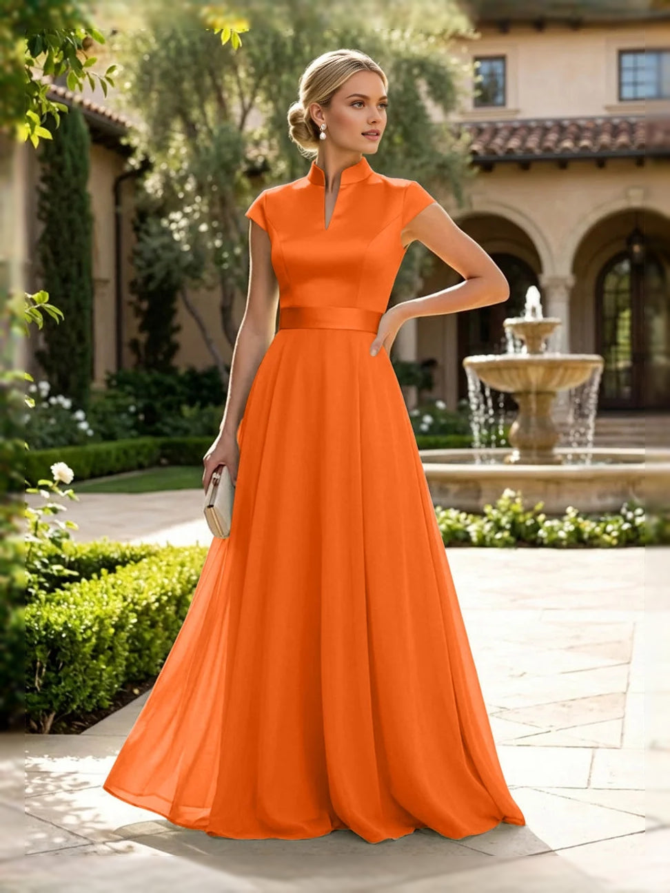 Orange sleeveless high-neck A-line satin mother-of-the-bride dress, floor length